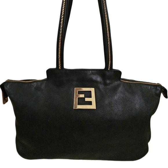 Authentic Extra Large Fendi Black Metallic Nubuck Leather Chain Shoulder Bag - Picture 10 of 16